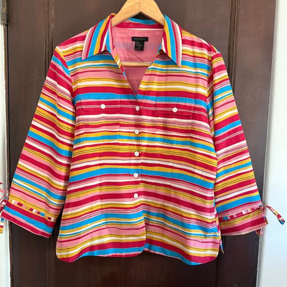 ANNE CARSON | Red Yellow and Blue striped Silk Button down Shirt | Large - Picture 1 of 8